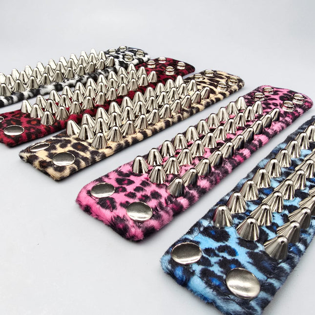 BC127UK77 LEOPARD THREE ROW FUZZY LEOPARD UK77  STUDDED BRACELET CUFF