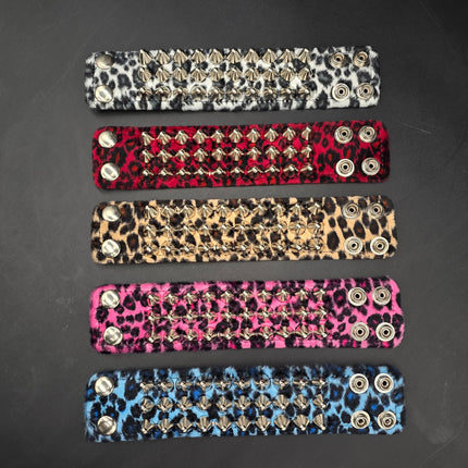 BC127UK77 LEOPARD THREE ROW FUZZY LEOPARD UK77  STUDDED BRACELET CUFF