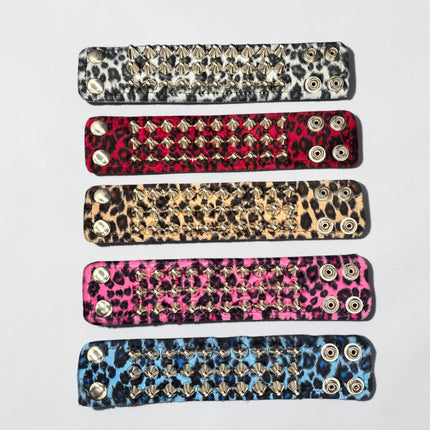 BC127UK77 LEOPARD THREE ROW FUZZY LEOPARD UK77  STUDDED BRACELET CUFF