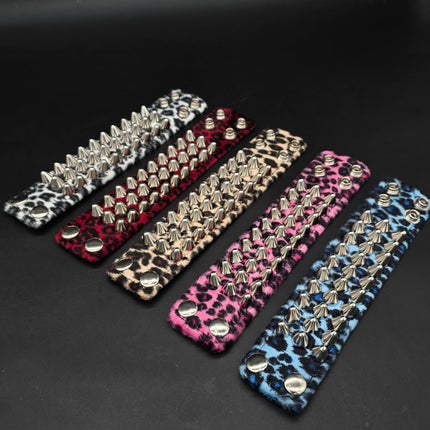 BC127UK77 LEOPARD THREE ROW FUZZY LEOPARD UK77  STUDDED BRACELET CUFF