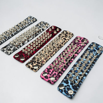 BC127UK77 LEOPARD THREE ROW FUZZY LEOPARD UK77  STUDDED BRACELET CUFF