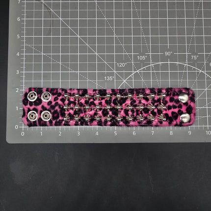 BC127UK77 LEOPARD THREE ROW FUZZY LEOPARD UK77  STUDDED BRACELET CUFF
