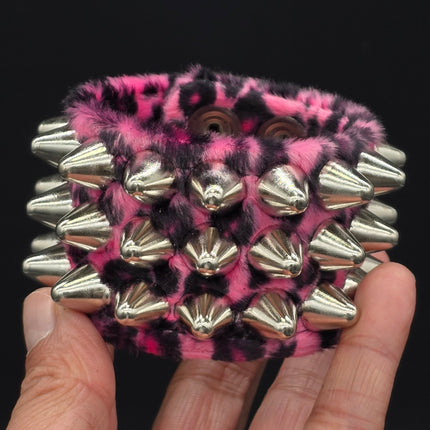 BC127UK77 LEOPARD THREE ROW FUZZY LEOPARD UK77  STUDDED BRACELET CUFF