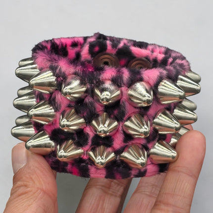 BC127UK77 LEOPARD THREE ROW FUZZY LEOPARD UK77  STUDDED BRACELET CUFF