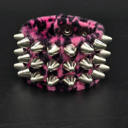 BC127UK77 LEOPARD THREE ROW FUZZY LEOPARD UK77  STUDDED BRACELET CUFF