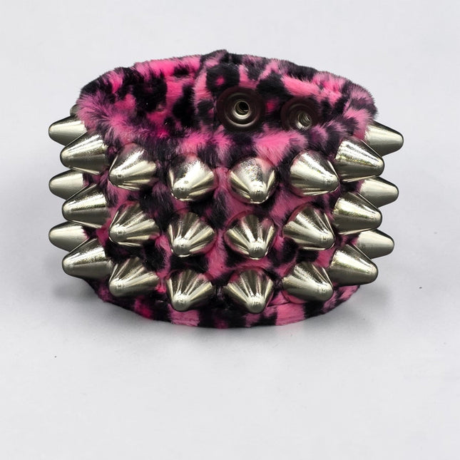 BC127UK77 LEOPARD THREE ROW FUZZY LEOPARD UK77  STUDDED BRACELET CUFF