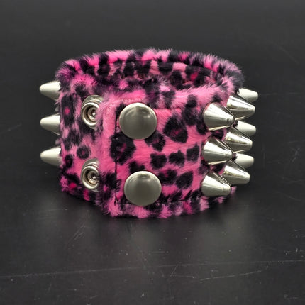 BC127UK77 LEOPARD THREE ROW FUZZY LEOPARD UK77  STUDDED BRACELET CUFF