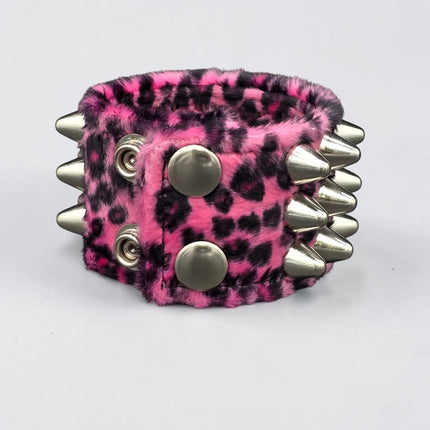 BC127UK77 LEOPARD THREE ROW FUZZY LEOPARD UK77  STUDDED BRACELET CUFF