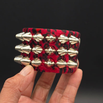 BC127UK77 LEOPARD THREE ROW FUZZY LEOPARD UK77  STUDDED BRACELET CUFF