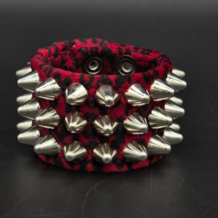 BC127UK77 LEOPARD THREE ROW FUZZY LEOPARD UK77  STUDDED BRACELET CUFF