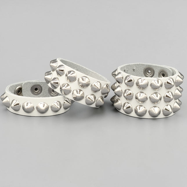 WHITE LEATHER 1/2" CONICAL STUD STUD BRACELET