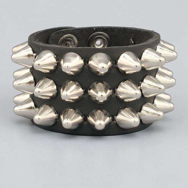 BC127UK 3 ROW UK77 TALL CONE STUDDED LEATHER BRACELET
