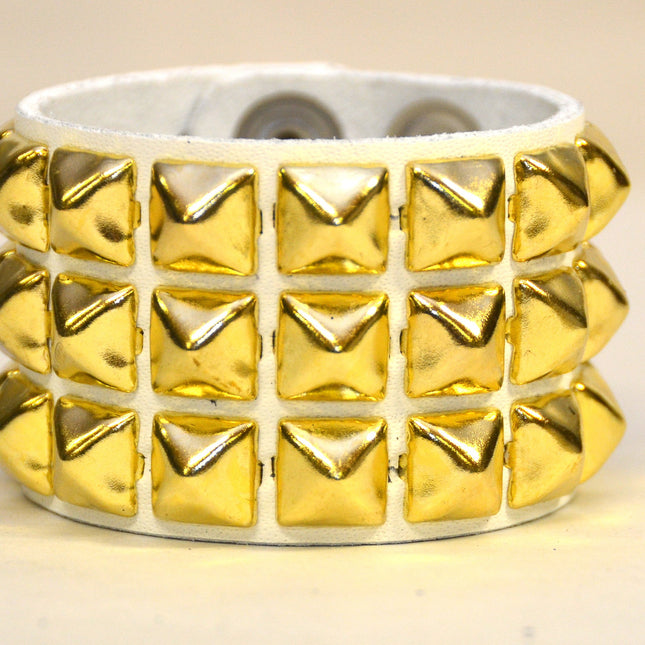 BC127WHT WHITE LEATHER THREE ROW STUDDED BRACELET