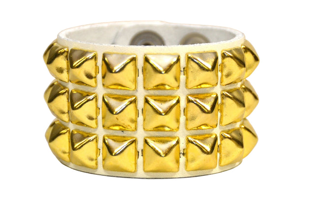 BC127WHT WHITE LEATHER THREE ROW STUDDED BRACELET