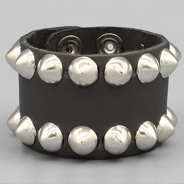 BC137PLN  2 ROW 1/2" CONICAL STUD SNAP BRACELET  1 3/4" WIDE