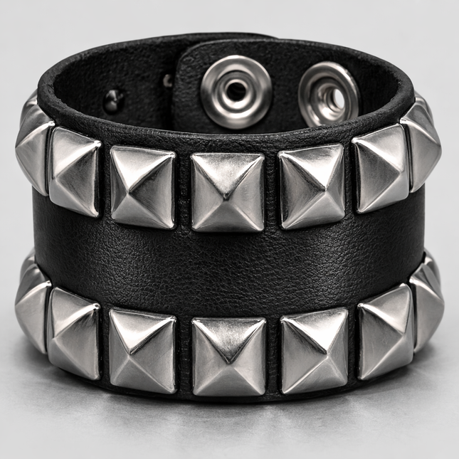 BC137PLN  2 ROW 1/2" PYRAMID STUD SNAP BRACELET  1 3/4" WIDE