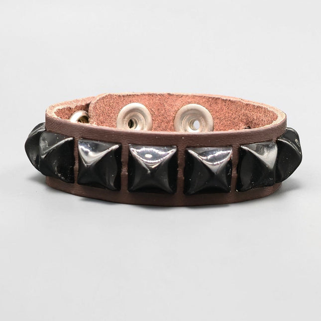 BC127BRN-BS BORWN LEATHER BLACK STUDDED BRACELET