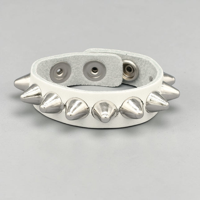 WHITE LEATHER 1/2" UK77 TALL CONE  STUD STUD BRACELET
