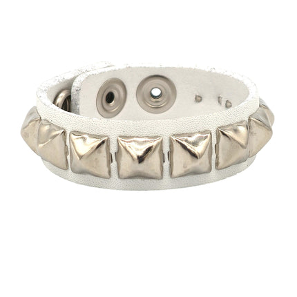 WHITE LEATHER PYRAMID STUDDED LEATHER  SNAP BRACELET