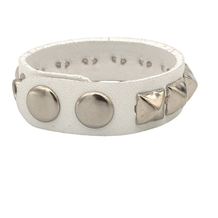 WHITE LEATHER PYRAMID STUDDED LEATHER  SNAP BRACELET
