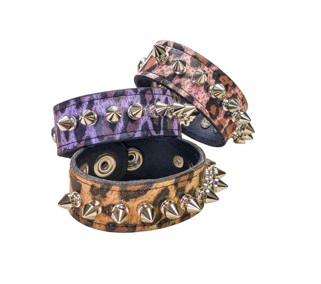 BC203CHEETAH GENUINE LEATHER LEOPARD SPIKE CUFF SNAPPED BRACELET