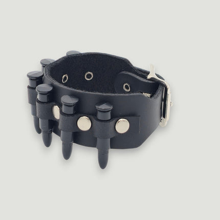 BC227  SMALL SILVER  OR BLACK BULLET BUCKLE BRACELET 1 1/4" WIDE