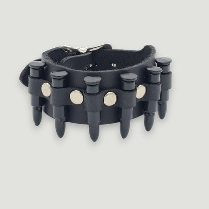 BC227  SMALL SILVER  OR BLACK BULLET BUCKLE BRACELET 1 1/4" WIDE