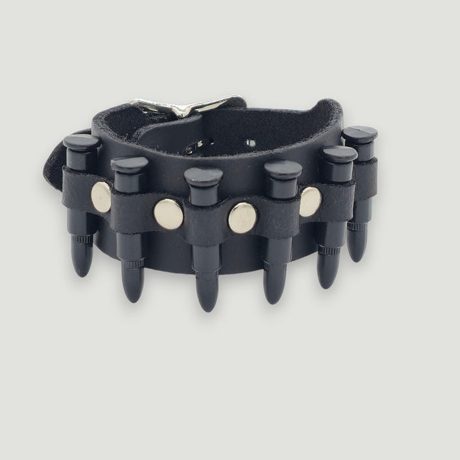 BC227  SMALL SILVER  OR BLACK BULLET BUCKLE BRACELET 1 1/4" WIDE
