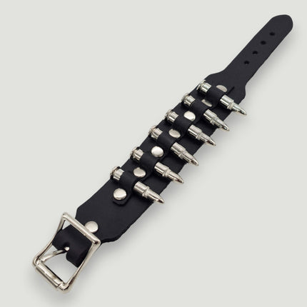 BC227  SMALL SILVER  OR BLACK BULLET BUCKLE BRACELET 1 1/4" WIDE