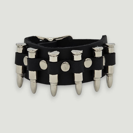 BC227  SMALL SILVER  OR BLACK BULLET BUCKLE BRACELET 1 1/4" WIDE