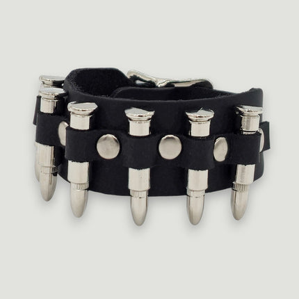 BC227  SMALL SILVER  OR BLACK BULLET BUCKLE BRACELET 1 1/4" WIDE