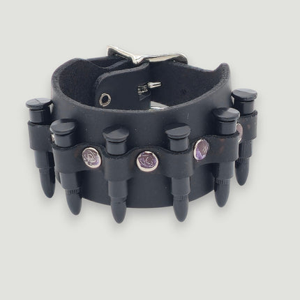 BC228  SMALL SILVER  OR BLACK BULLET BUCKLE BRACELET 1 1/2" WIDE