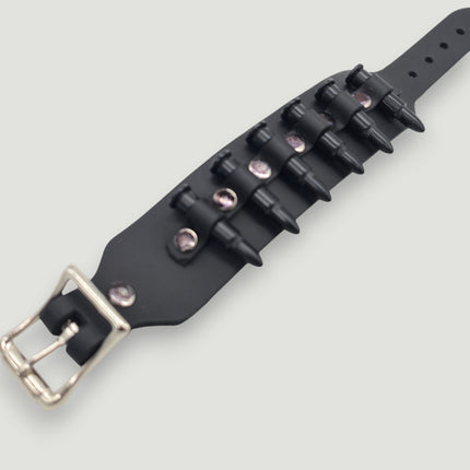 BC228  SMALL SILVER  OR BLACK BULLET BUCKLE BRACELET 1 1/2" WIDE