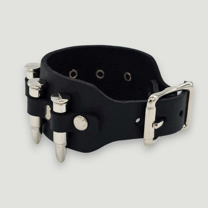 BC228  SMALL SILVER  OR BLACK BULLET BUCKLE BRACELET 1 1/2" WIDE
