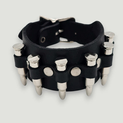 BC228  SMALL SILVER  OR BLACK BULLET BUCKLE BRACELET 1 1/2" WIDE