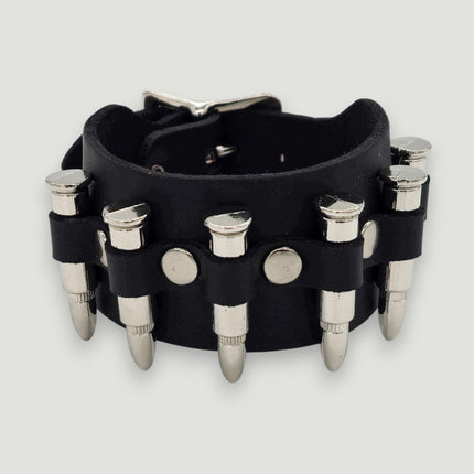 BC228  SMALL SILVER  OR BLACK BULLET BUCKLE BRACELET 1 1/2" WIDE