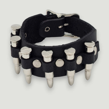 BC228  SMALL SILVER  OR BLACK BULLET BUCKLE BRACELET 1 1/2" WIDE