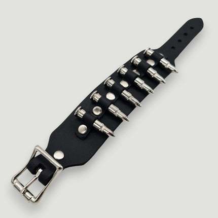 BC228  SMALL SILVER  OR BLACK BULLET BUCKLE BRACELET 1 1/2" WIDE