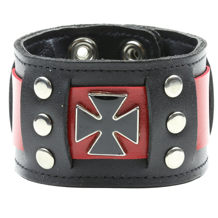 BC347 RIVETED RED BAND BRACELET WITH 3 IRON CROSSES
