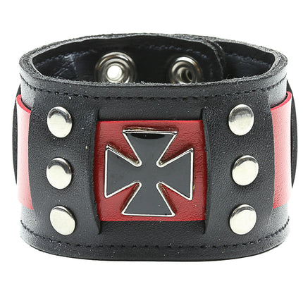 BC347 RIVETED RED BAND BRACELET WITH 3 IRON CROSSES