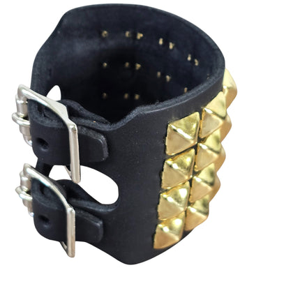 BC412  4 ROW PYRAMID STUDDED DOUBLE BUCKE CUFF BRACELET