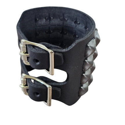 BC412  4 ROW PYRAMID STUDDED DOUBLE BUCKE CUFF BRACELET