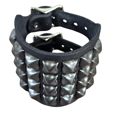 BC412  4 ROW PYRAMID STUDDED DOUBLE BUCKE CUFF BRACELET