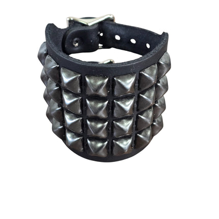 BC412  4 ROW PYRAMID STUDDED DOUBLE BUCKE CUFF BRACELET