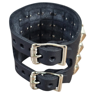 BC412  4 ROW PYRAMID STUDDED DOUBLE BUCKE CUFF BRACELET