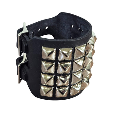 BC412  4 ROW PYRAMID STUDDED DOUBLE BUCKE CUFF BRACELET
