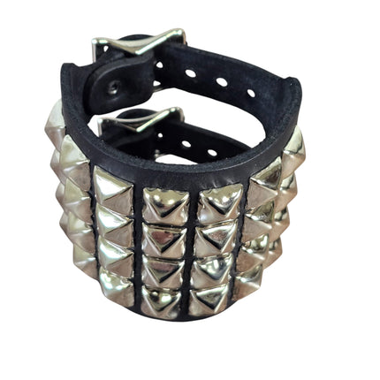 BC412  4 ROW PYRAMID STUDDED DOUBLE BUCKE CUFF BRACELET