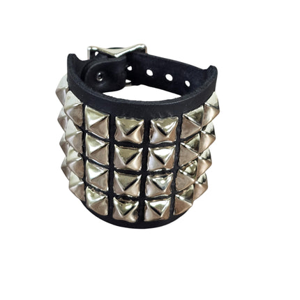 BC412  4 ROW PYRAMID STUDDED DOUBLE BUCKE CUFF BRACELET