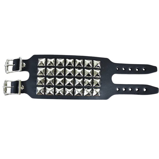 BC412  4 ROW PYRAMID STUDDED DOUBLE BUCKE CUFF BRACELET