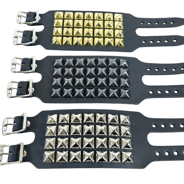 BC412  4 ROW PYRAMID STUDDED DOUBLE BUCKE CUFF BRACELET